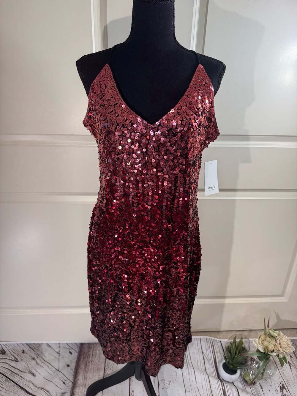 Metme Ombre Sequin Bodycon Dress with Spaghetti Straps - Large